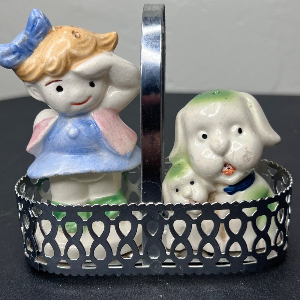 VTG Ceramic Girl & Dog Salt & Pepper Shakers Metal Basket Japan